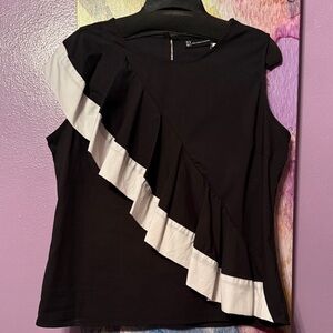 NY Collection Black Tank Top with White Diagonal Ruffle